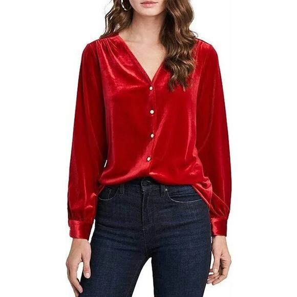 NWT! 1. State Red Long Sleeve Button VNeck Velvet Blouse - Picture 1 of 10